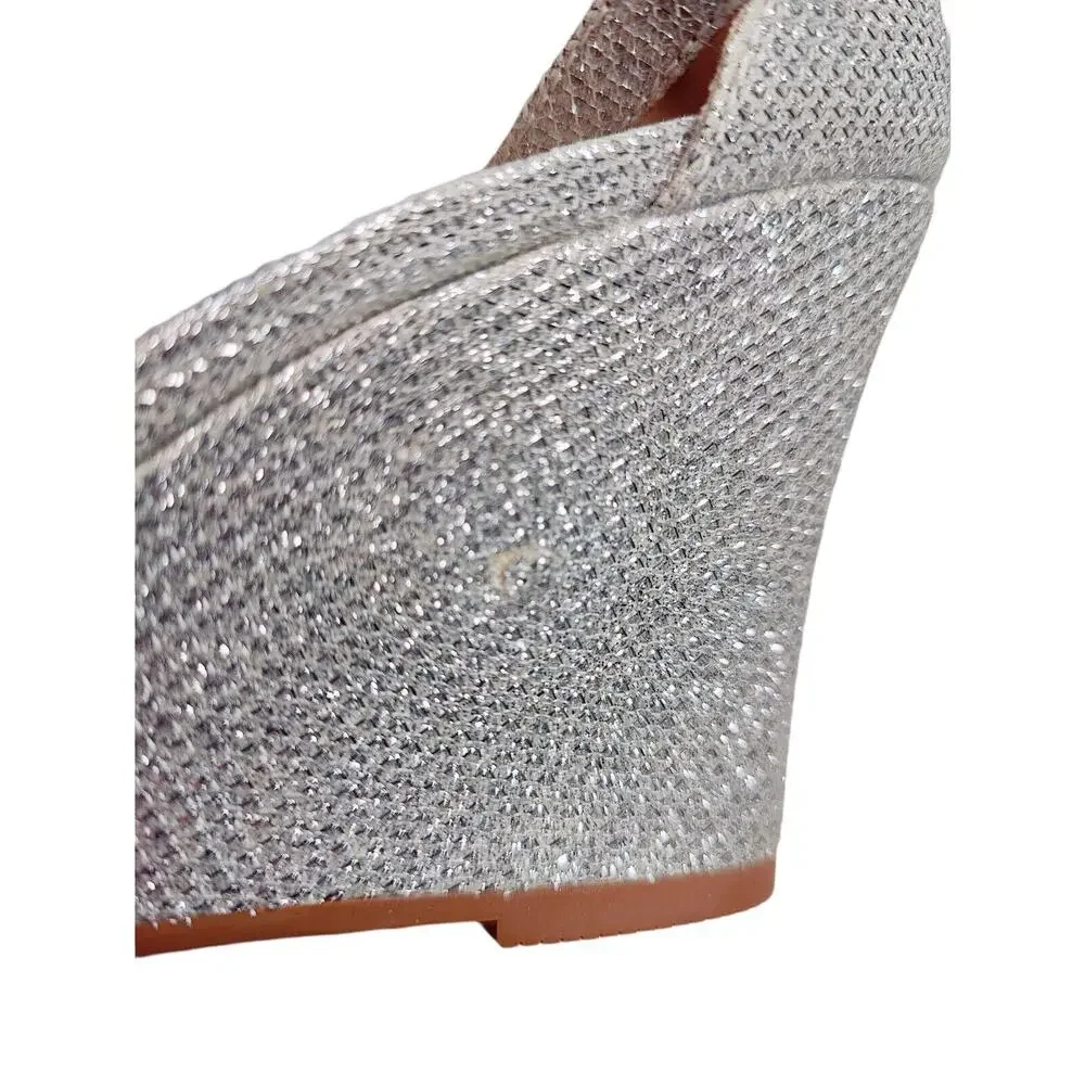 Silver Glitter Classic Wedge Heel Size 7‎ Open Toe Ankle Strap Sandals Wedding